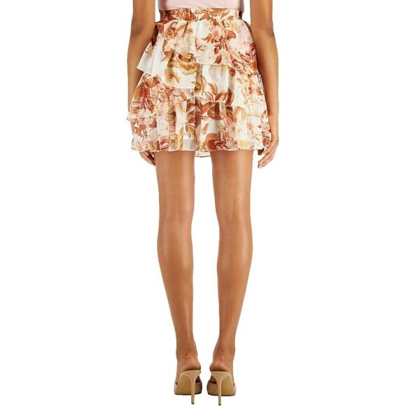GUESS Women's Mini Skirt Tiered Forest Floral Print Brown White mini Skirt M - Picture 1 of 10